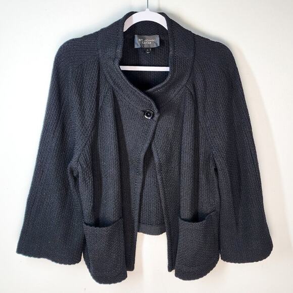 St. John Caviar Black Tweed Cape Cardigan 3/4 Sleeves Size 14 Plus Twee Retro - Picture 1 of 5